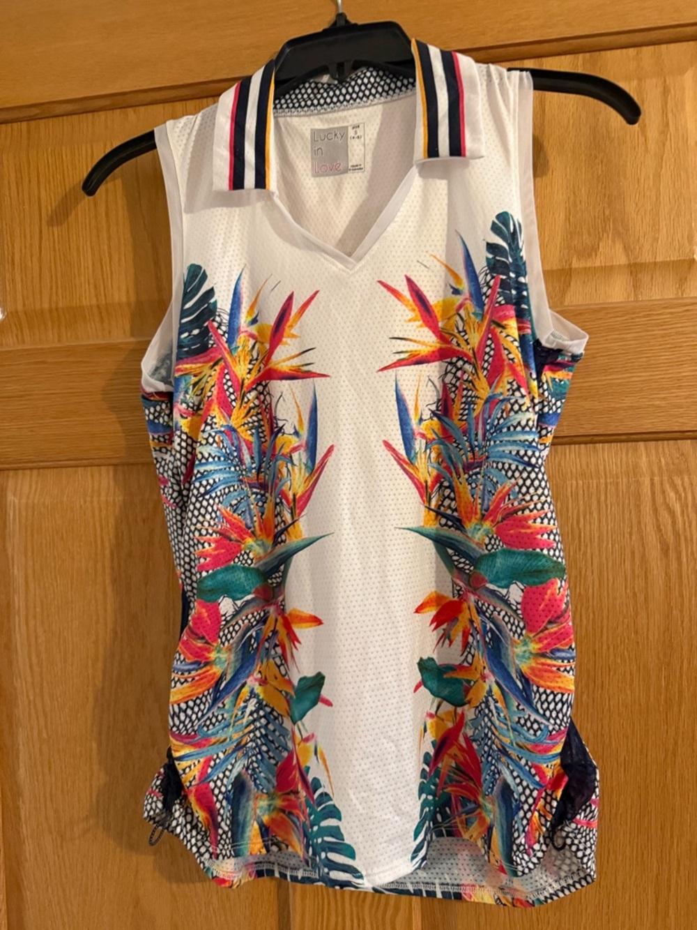 Lucky in love floral tropical print collared golf/tennis tank top size small 4-6